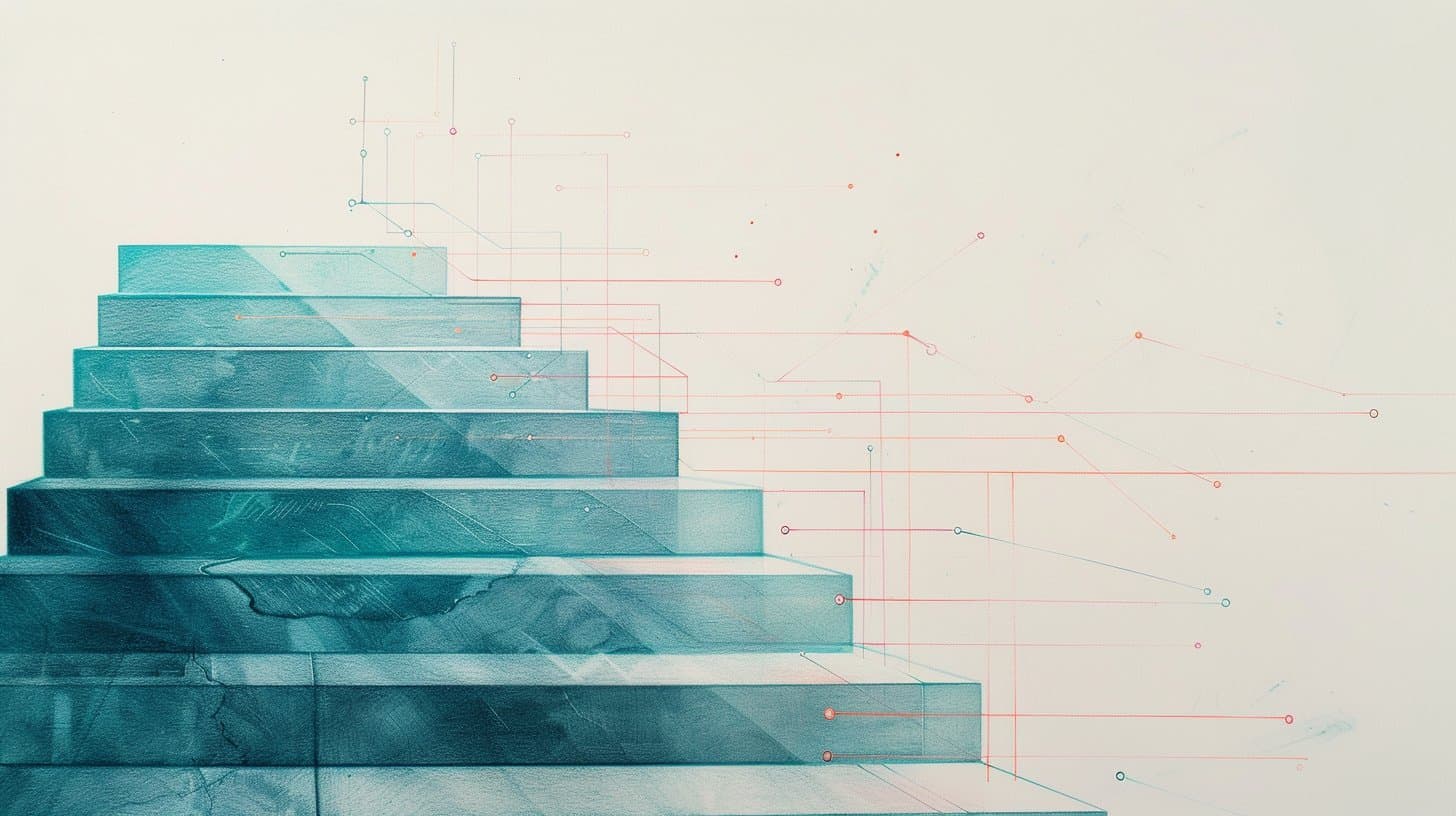 Illustration zum Blogartikel: 5 Stufen der KI-gestützten Softwareentwicklung: Wo stehst du?. Thematische Brand-Illustration im Colored-Pencil-Sketch-Stil passend zum Artikelthema