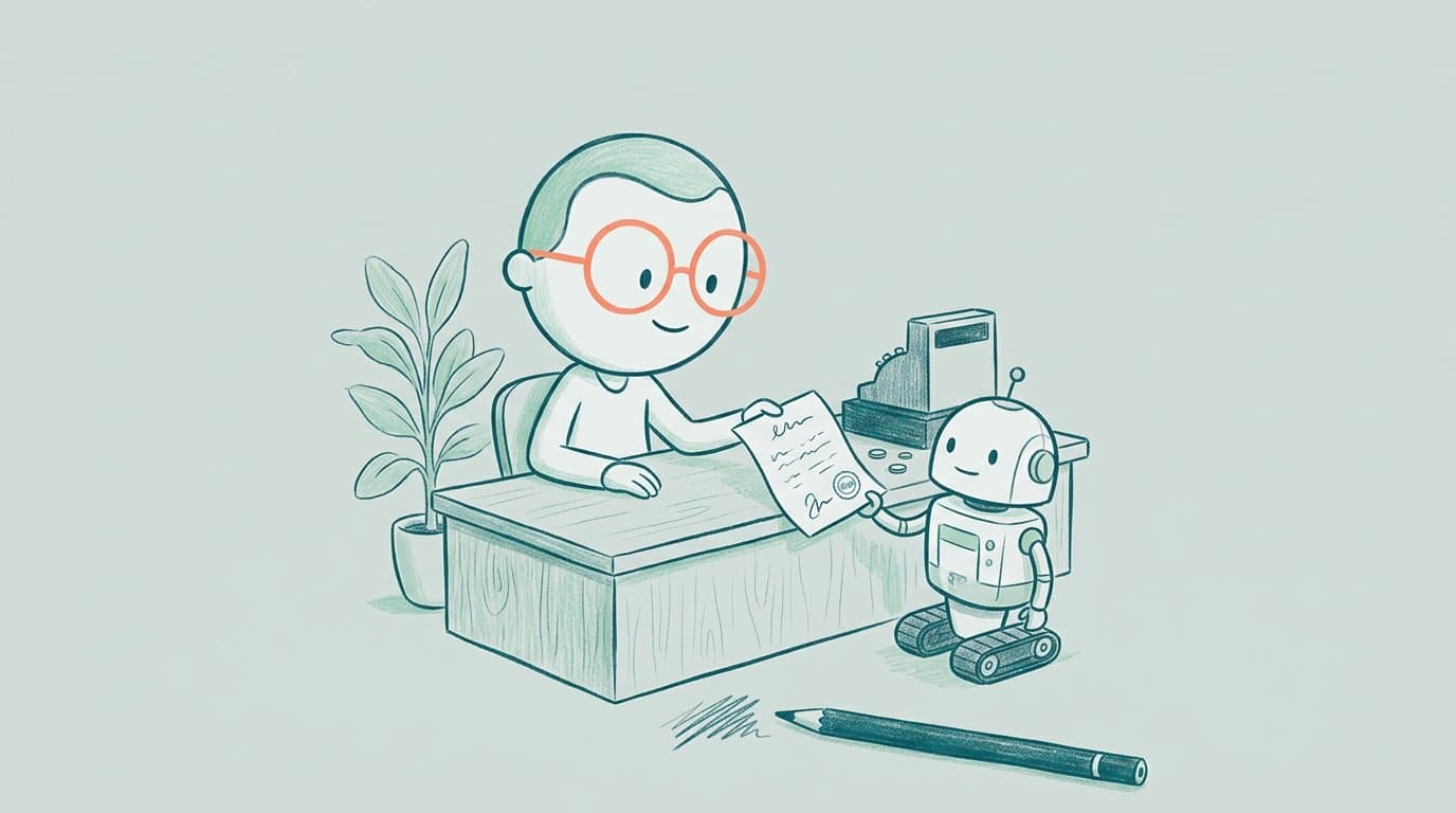 Illustration: Agentic Commerce. Eine Person mit runder Brille reicht einem kleinen Roboter eine unterschriebene Vollmacht, daneben eine Kasse mit Cent-Münzen