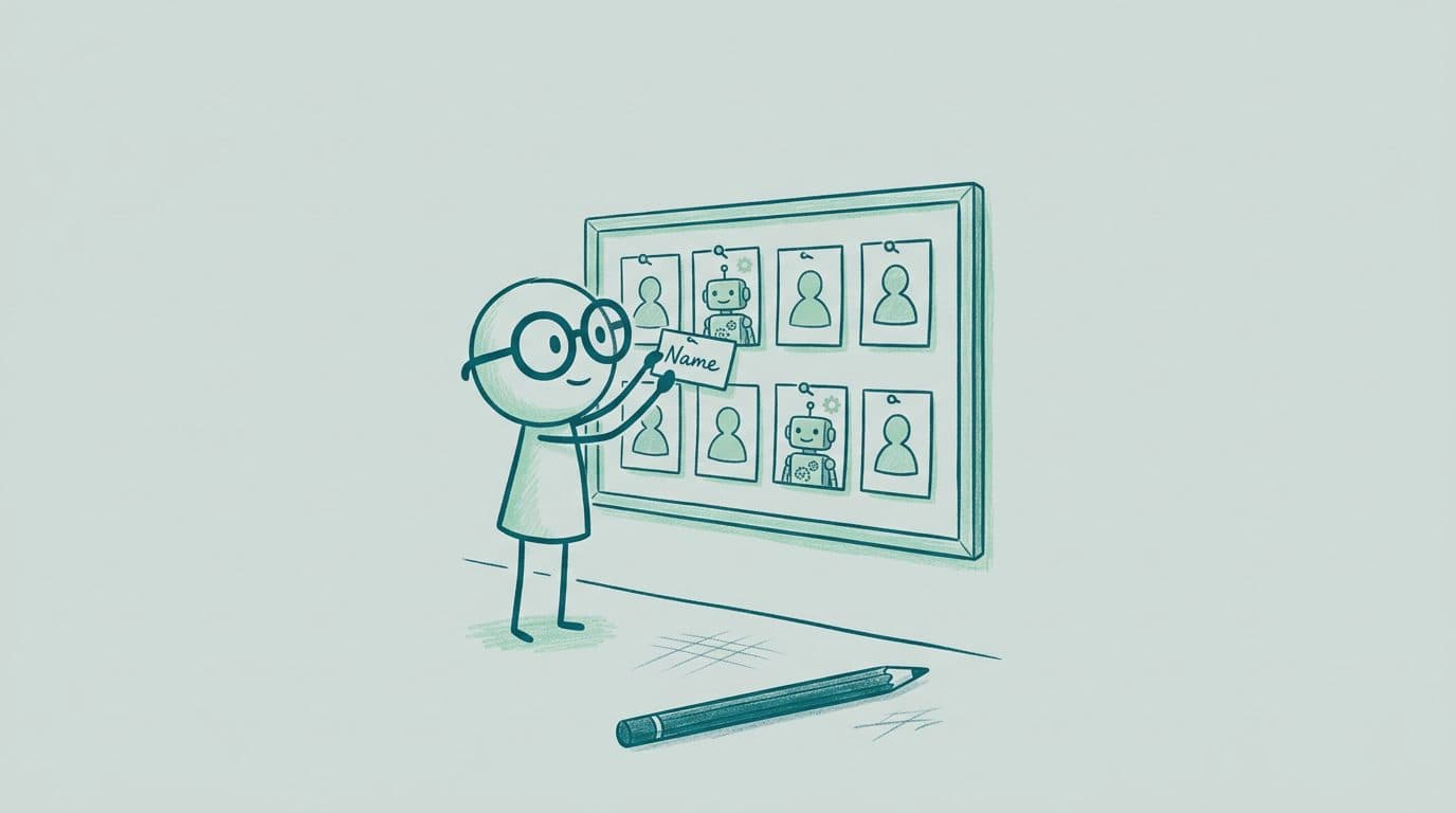 Illustration: Eine Person mit runder Brille heftet an einer Teamtafel ein Namensschild neben eine von zwei Karten, auf denen statt Menschen kleine Roboter zu sehen sind