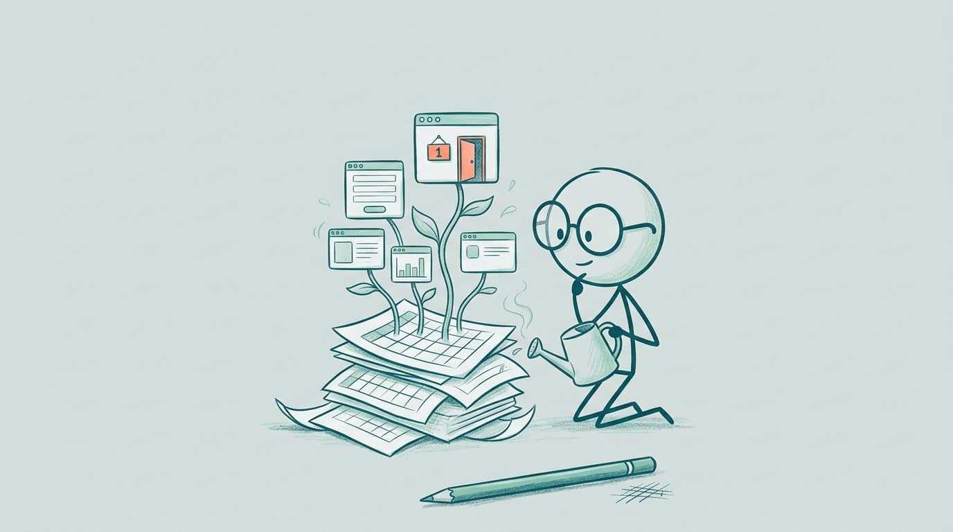 Illustration: replacing Excel with your own software. A person with round glasses and a watering can kneels next to a stack of spreadsheet sheets from which small app windows grow like plants. The top window has a house number and a door left ajar
