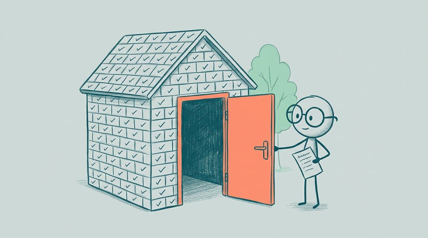 Illustration: A stick figure with round glasses stands at a small brick house with a check mark on every brick, opening the door while holding a checklist