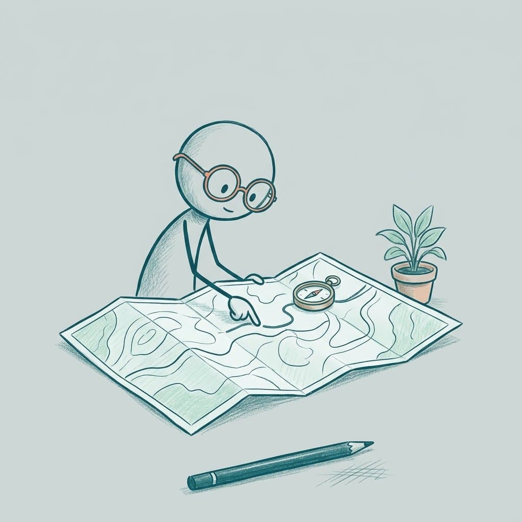 Illustration: the architect studying a map with a compass